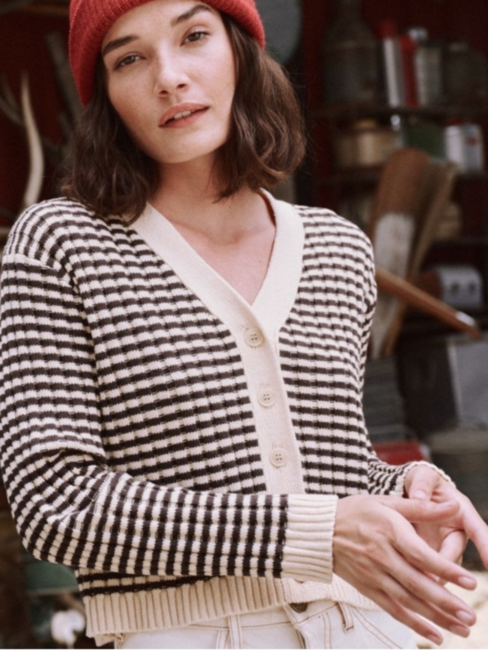 THE GREAT. Mini Striped Cardigan Woodsmoke Cream Size 0  “Very Good Pre-Owned Co - Picture 2 of 8